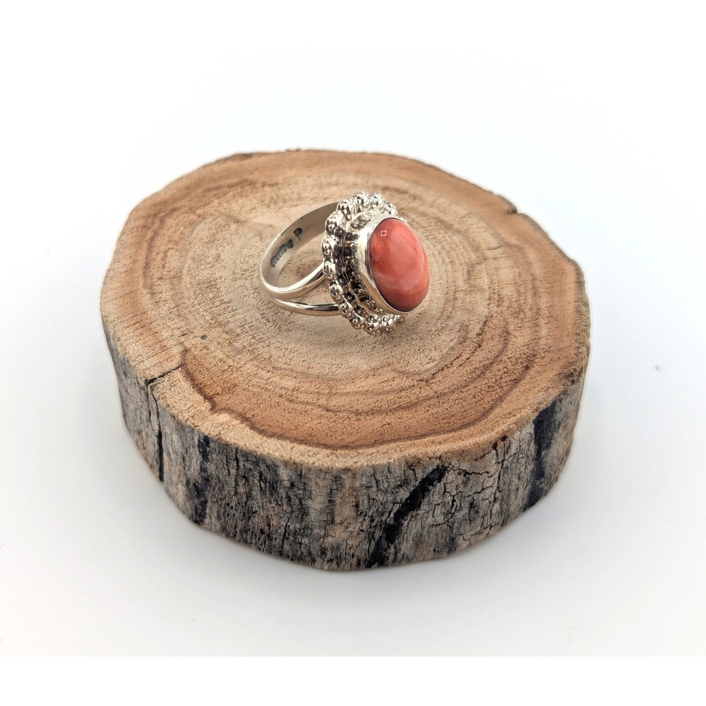 Navajo Red Spiny Oyster Stone Ring Native American Handcrafted Jewelry Sz 7US **